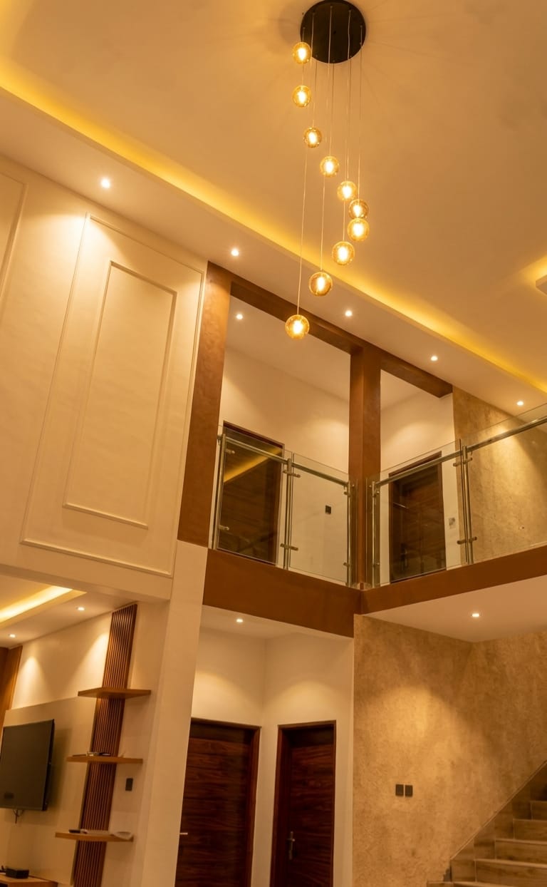 Mezanino com iluminação suspensa decorativa